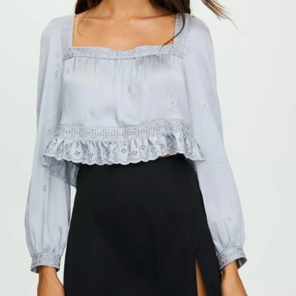 Sunday Best | Aritzia | May Day Black Satin Square Neck Ruffle Eyelet Crop Top - Picture 9 of 9